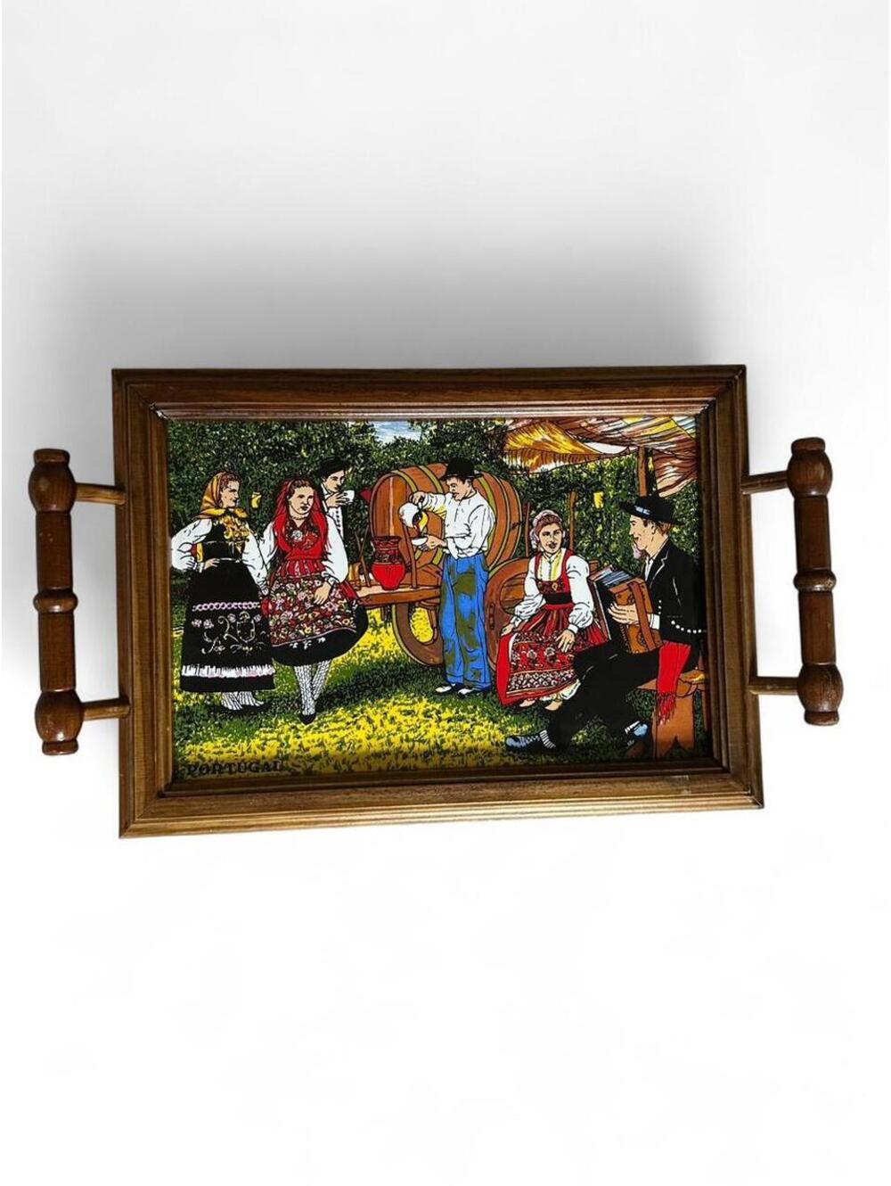 Vintage Portugal Ceramic Tile Wood Serving Tray Folk Art Wine Harvest Festival